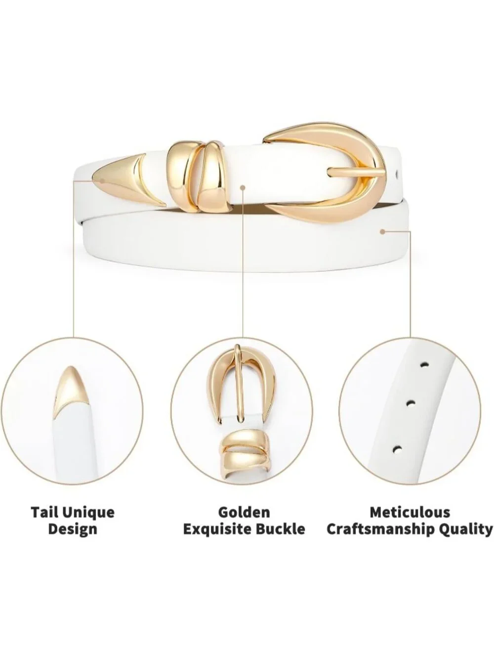 Women's White Leather Adjustable Waist Belt For Jeans Dresses With Gold Buckle